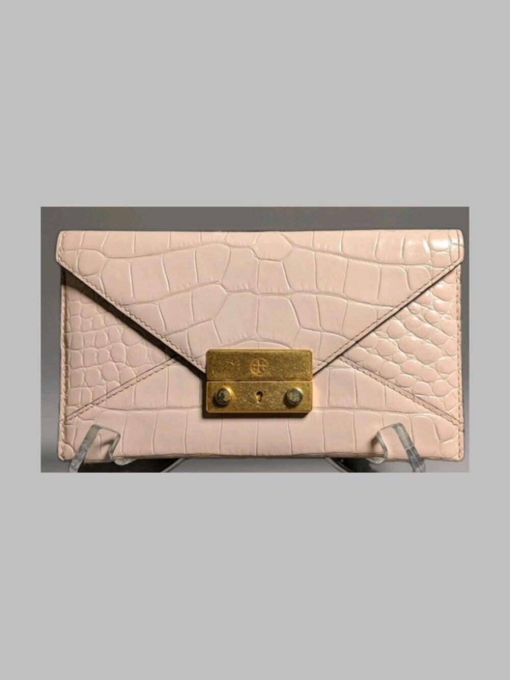 Tory Burch Juliette Croc Embossed Leather Wallet Clutch Blush Pink Gold Tone